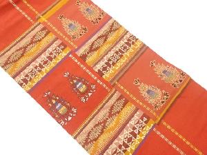 手織り紬変わり格子に草花・幾何学模様織出し名古屋帯